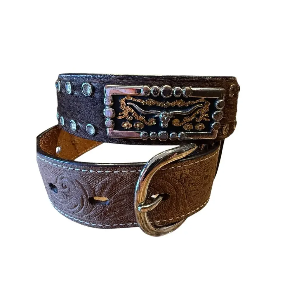 3D Youth Size 26 Western Tooled Leather & Calfhair Belt with Decorative Trim